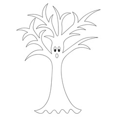 Magic tree. Sketch. Halloween symbol.Vector illustration. Coloring book for children.Drawing on an isolated white background. Surprised facial expression. Curved branches. Doodle style. 