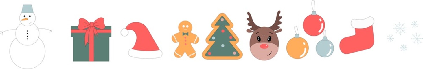 Christmas, New Year holidays set. Hand drown collection. Vector illustration.