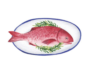 Watercolor illustration. Red fish on an oval plate with greens on a white background.