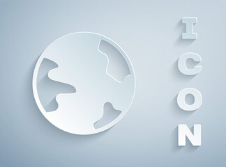 Paper cut Worldwide icon isolated on grey background. Pin on globe. Paper art style. Vector.