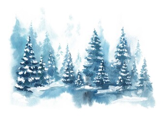 Obraz premium Watercolor Blue winter landscape of foggy forest hill. Wild nature, frozen, misty, taiga. Horizontal watercolor background. Evergreen coniferous trees.