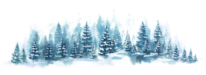Watercolor Blue winter landscape of foggy forest hill. Wild nature, frozen, misty, taiga. Horizontal watercolor background. Evergreen coniferous trees. © Leyasw