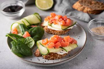 sandwiches with salted salmon, cucumber and cheese
