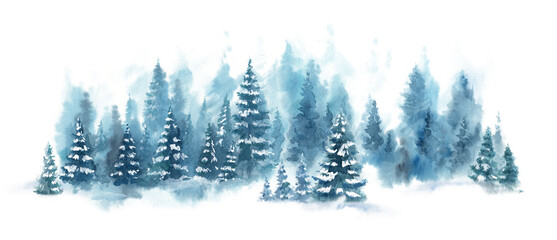 Watercolor Blue winter landscape of foggy forest hill. Wild nature, frozen, misty, taiga. Horizontal watercolor background. Evergreen coniferous trees.