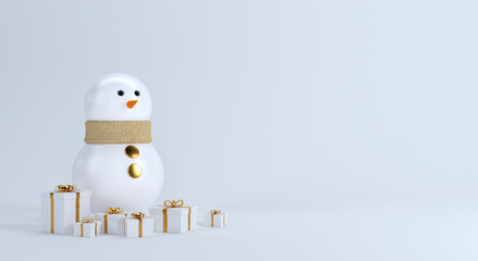 Snowman and gift box with empty space for text. 3d rendering