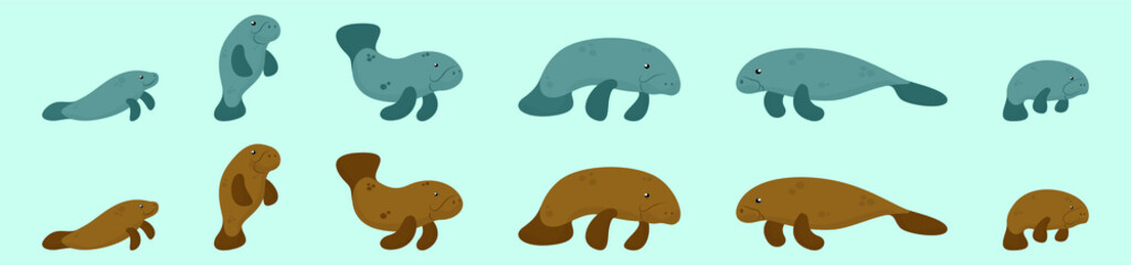 set of manatee cartoon icon design template with various models. vector illustration isolated on blue background