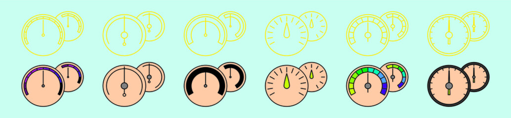 set of speedometer cartoon icon design template with various models. vector illustration isolated on blue background