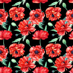 Seamless pattern of red poppies on isolated black background, watercolor flowers 