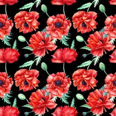 Foto op Canvas Seamless pattern of red poppies on isolated black background, watercolor flowers  © Hanna