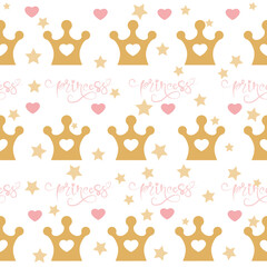 Little princess seamless pattern in pink and golden colors. Vector background with sparkling crowns. Wallpaper in the nursery, background for textiles. 