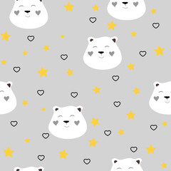 Seamless pattern with crowns, hearts and text "Princess" on the yellow background.