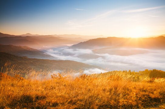 Tranquil morning moment in alpine valley. Fantastic sunset scene. © Leonid Tit