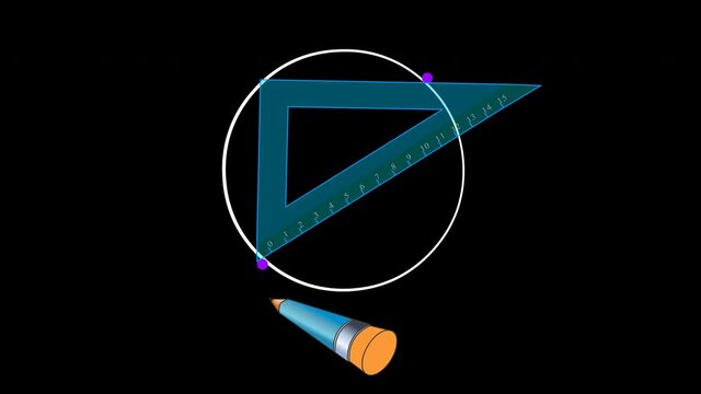 Diameter, Center, Radius of Circle. Finding center point of the ring with a right angle set square. Blue transparent miter ruler, triangle. Alpha transparent back draw. Math, geometry animation