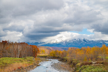10月終盤の雪帽子の大雪山連峰を望む