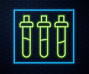 Glowing neon line Reagent bottle for physics and chemistry icon isolated on brick wall background. Vector.