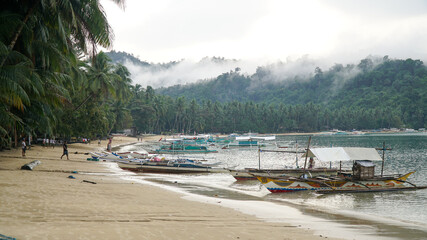 Fototapeta na wymiar Boat anchored at the Port Barton tropical beach with palm trees on Palawan island in the Philippines.