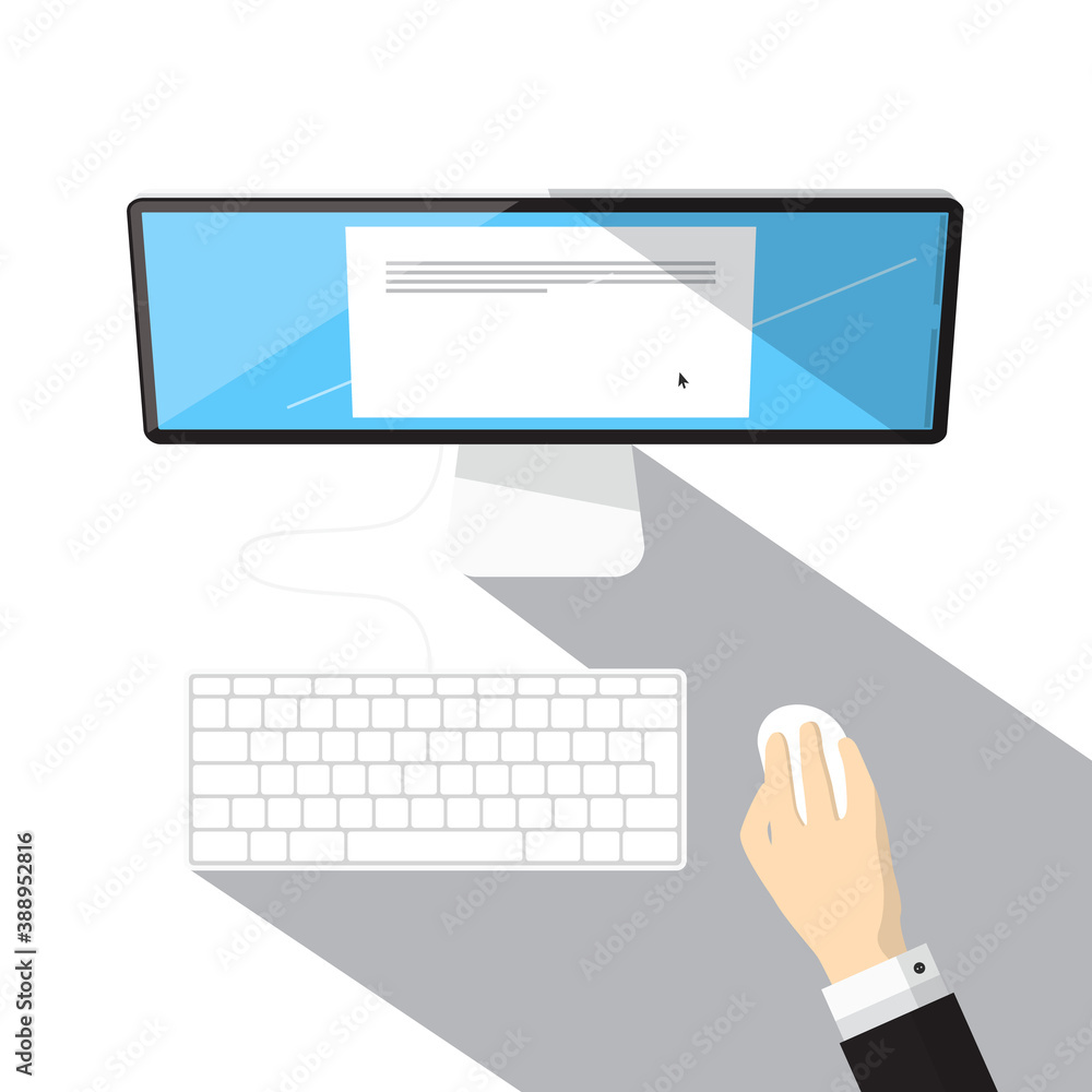Poster top view computer, keyboard and hand holding mouse - vector
