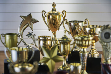 Fototapeta na wymiar selective focus on one trophy with other trophies as background