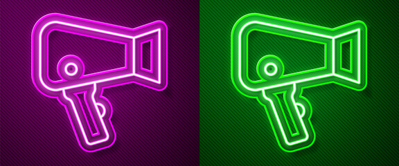 Glowing neon line Hair dryer icon isolated on purple and green background. Hairdryer sign. Hair drying symbol. Blowing hot air. Vector.