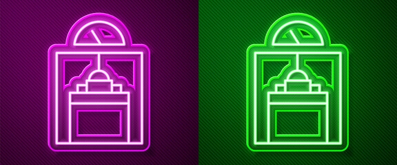 Glowing neon line Lift icon isolated on purple and green background. Elevator symbol. Vector.