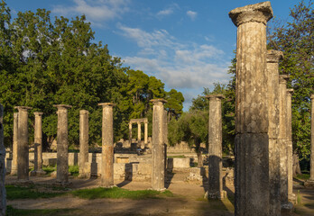 Ruins of the Palestra in the archeological site of Olympia, Greece, a major Panhellenic religious...