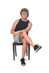 front view of a man sitting on white background,