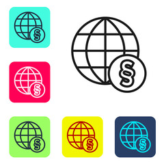 Black line International law icon isolated on white background. Global law logo. Legal justice verdict world. Set icons in color square buttons. Vector.