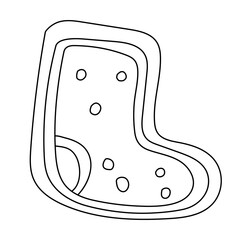 Christmas gingerbread in the shape of a sock. Hand drawn xmas cookie or biscuit with glaze isolated on white. Vector illustration in doodle sketch style, black outline. Great for greeting cards.
