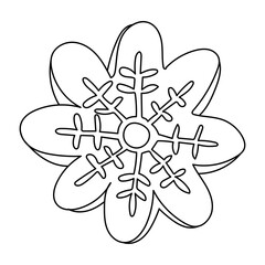 Shape snowflake gingerbread. Hand drawn xmas cookie or biscuit with glaze isolated on white. Vector illustration in doodle sketch style, black outline. Great for greeting cards.