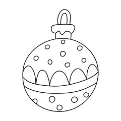 Hand drawn christmas bauble isolated on white decorated with pattern. Vector illustration of a xmas ball in doodle sketch style, black outline. Great for New Year and Christmas greeting cards.