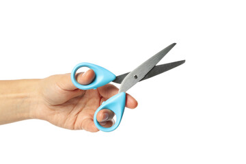 Female hand with scissors isolated on white background