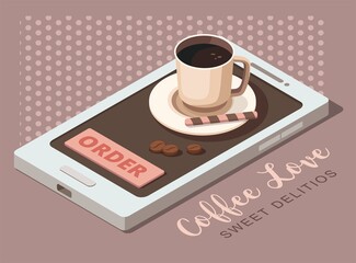 Black coffee in cup on mobile phone. Coffee ordering concept. 