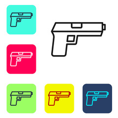 Black line Pistol or gun icon isolated on white background. Police or military handgun. Small firearm. Set icons in color square buttons. Vector.