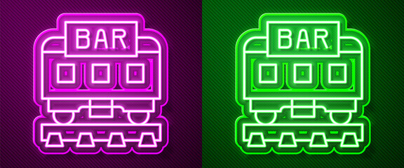 Glowing neon line Restaurant train icon isolated on purple and green background. Vector.