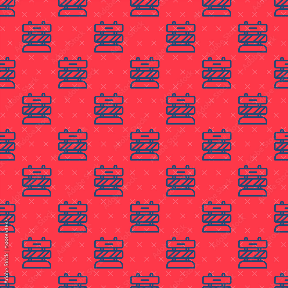 Poster blue line end of railway tracks icon isolated seamless pattern on red background. stop sign. railroa