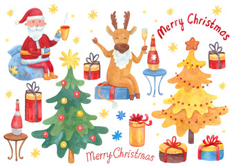 Watercolor  set with Santa, deer drinking champagne, Merry Christmas lettering, gift boxes, Christmas trees and snowflakes on white background. Great for design of greeting card, posters, decorations.