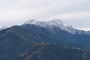 紅葉と聖岳　冠雪した南アルプス　しらびそ高原からの眺め