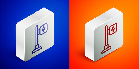 Isometric line Road traffic sign. Signpost icon isolated on blue and orange background. Pointer symbol. Street information sign. Direction sign. Silver square button. Vector.