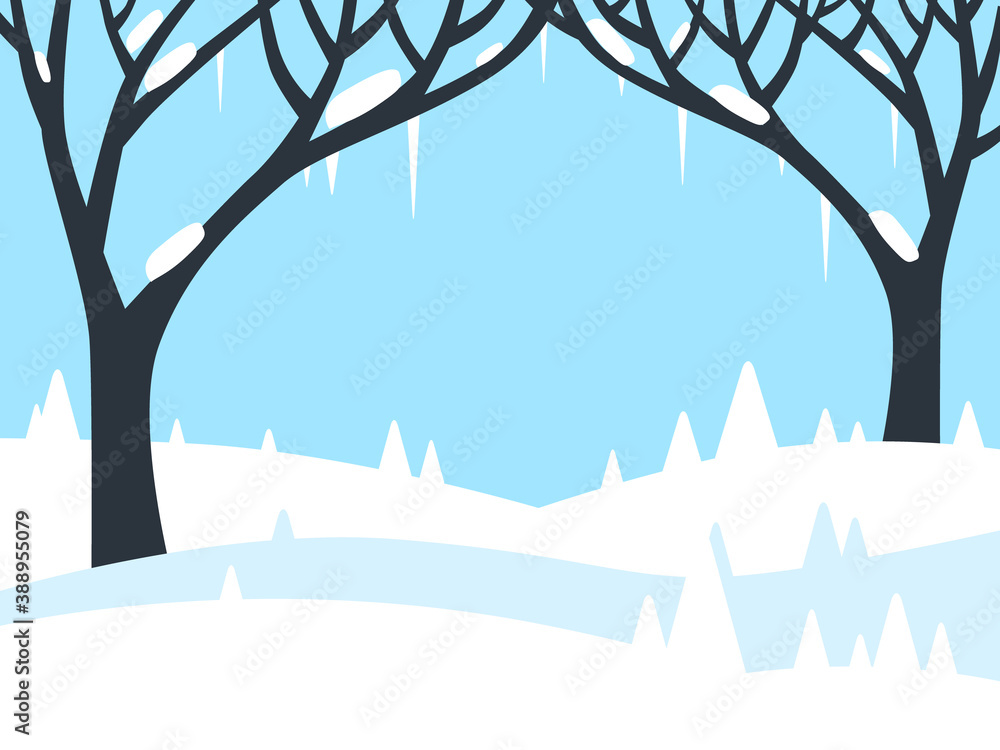 Poster winter landscape with trees and fields covered with snow - vector flat design background