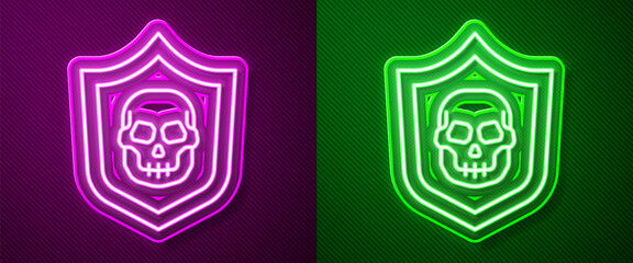 Fototapeta premium Glowing neon line Shield with pirate skull icon isolated on purple and green background. Vector.