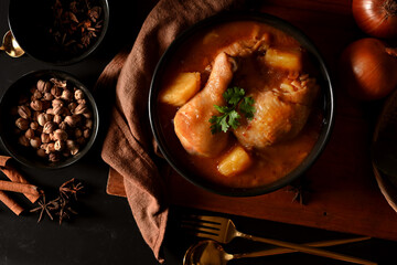 Thai traditional food, chicken Massaman Curry soup with ingredients