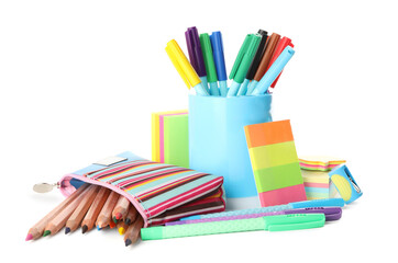 Set of different school stationery on white background