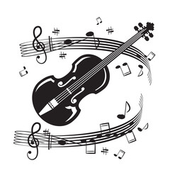 Fototapeta na wymiar Violin Musical Instrument with Notes on Staff on White Background - Vector