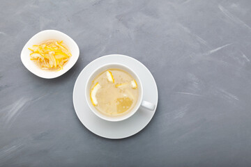 Yujacha (yuja tea or yuzu tea) - Korean citrus tea, made by mixing hot water with yuja-cheong (yuja marmalade). Top view
