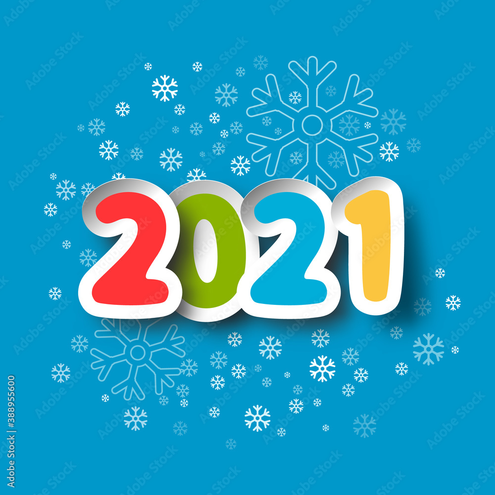 Sticker 2021 New Year Paper Cut Numbers on Blue Background with Snowflakes - Vector