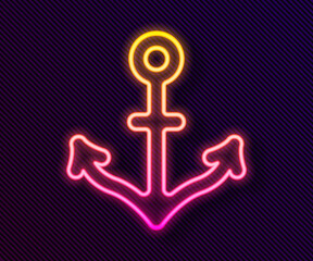 Glowing neon line Anchor icon isolated on black background. Vector.