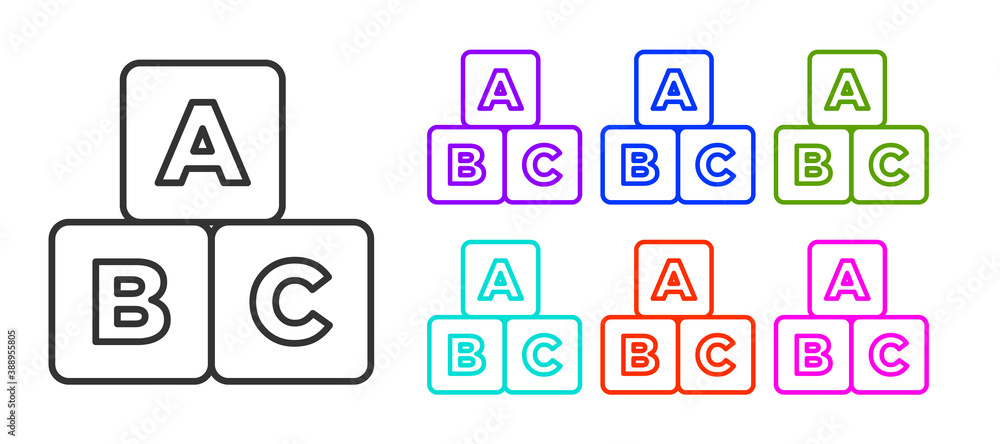 Poster black line abc blocks icon isolated on white background. alphabet cubes with letters a,b,c. set icon