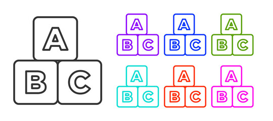 Black line ABC blocks icon isolated on white background. Alphabet cubes with letters A,B,C. Set icons colorful. Vector.