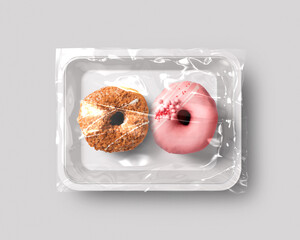 Food packaging isolated with donut pink and brown top view 