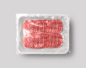 Food packaging isolated with meat slices top view 